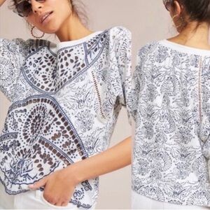 Anthropologie Maeve Ester Eyelet Top Blue and White Patterned Size L